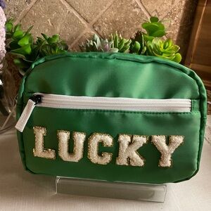 St. Patricks Day readyGreen nylon bag with 'LUCKY' chenille Embroidery